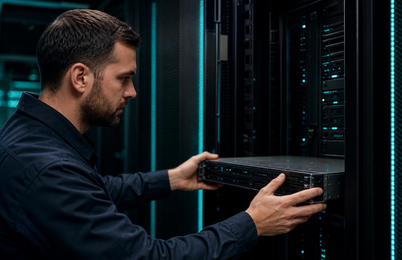 Zertifizierter Techniker montiert einen Server in einem Serverschrank im Rechenzentrum