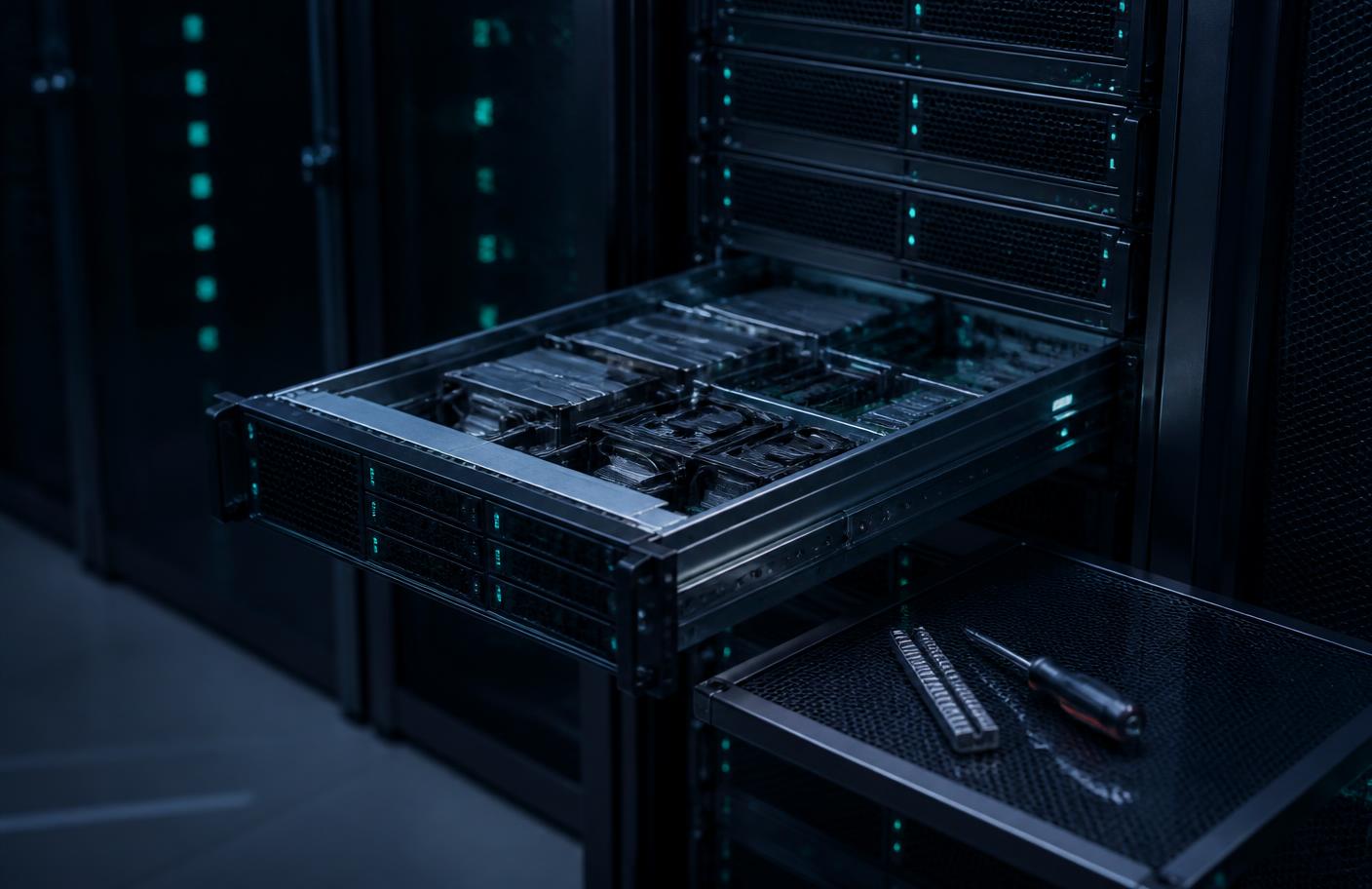 Auf Schienen ausgefahrener Server mit geöffnetem Gehäuse und Werkzeug auf der Rack-Ablage